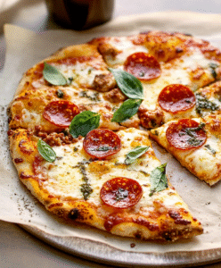 Blumenkohl-Pizza mit Pepperoni & Mozzarella