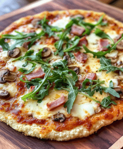 Blu­men­kohl-Piz­za mit Schin­ken, Cham­pi­gnons und Ru­co­la