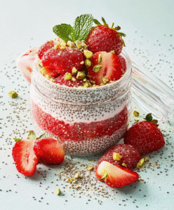 Chia­pud­ding mit Erd­bee­ren, Min­ze und Pi­sta­zi­en