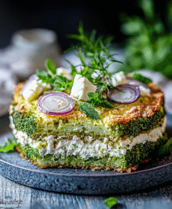 Deftiger Low Carb Tzatziki-Brokkoli-Schichtkuchen mit Feta