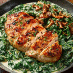 Gebratenes Hähnchenfilet mit Pfifferlingen und Rahmspinat (low-carb)