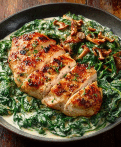 Gebratenes Hähnchenfilet mit Pfifferlingen und Rahmspinat (low-carb)