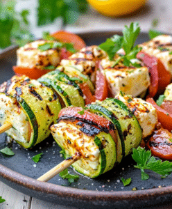 Gegrillte Low Carb Feta Spieße im Zucchini Mantel