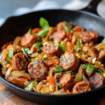 Herzhaft feurige Low Carb Zwiebel Bratwurst Pfanne