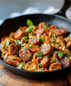 Herzhaft feurige Low Carb Zwiebel Bratwurst Pfanne