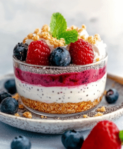 Keto Beeren-Joghurt-Layer mit Chia-Crunch