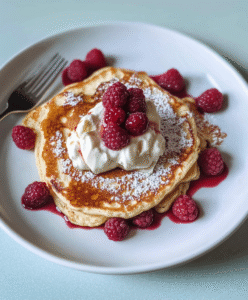 Keto Pfann­ku­chen mit Mas­ca­r­pone­cre­me und Him­beer­sau­ce