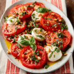 Keto Tomaten-Mozzarella-Carpaccio mit Basilikumöl und Pinienkernen
