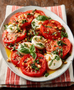 Keto Tomaten-Mozzarella-Carpaccio mit Basilikumöl und Pinienkernen