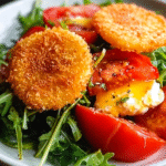 Knusprig gebratener Mozzarella auf Rucola-Tomaten-Salat