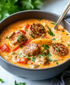 Köstliche Low Carb Kohlrabi-Cremesuppe mit Käsewürstchen