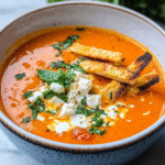 Köstliche Low Carb Tomaten Feta Suppe mit Putenstreifen