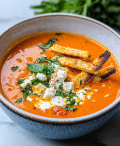 Köstliche Low Carb Tomaten Feta Suppe mit Putenstreifen