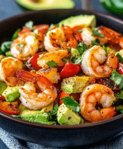 Low Carb Avocado Paprika Salat mit gebratenen Garnelen