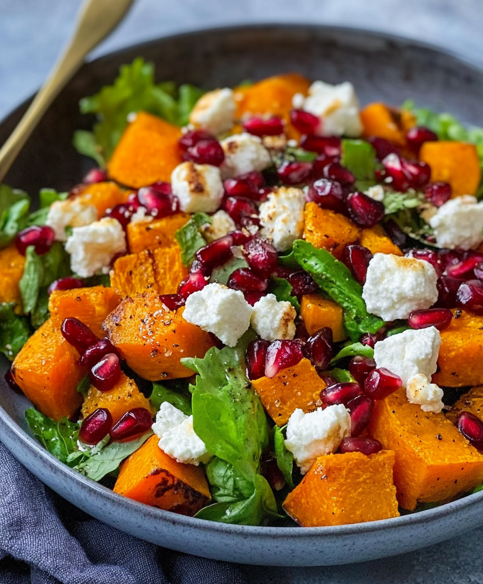 Ofen­kür­bis-Sa­lat mit Gra­nat­ap­feldres­sing und Zie­gen­kä­se – Ein Genuss, den Sie lieben werden!