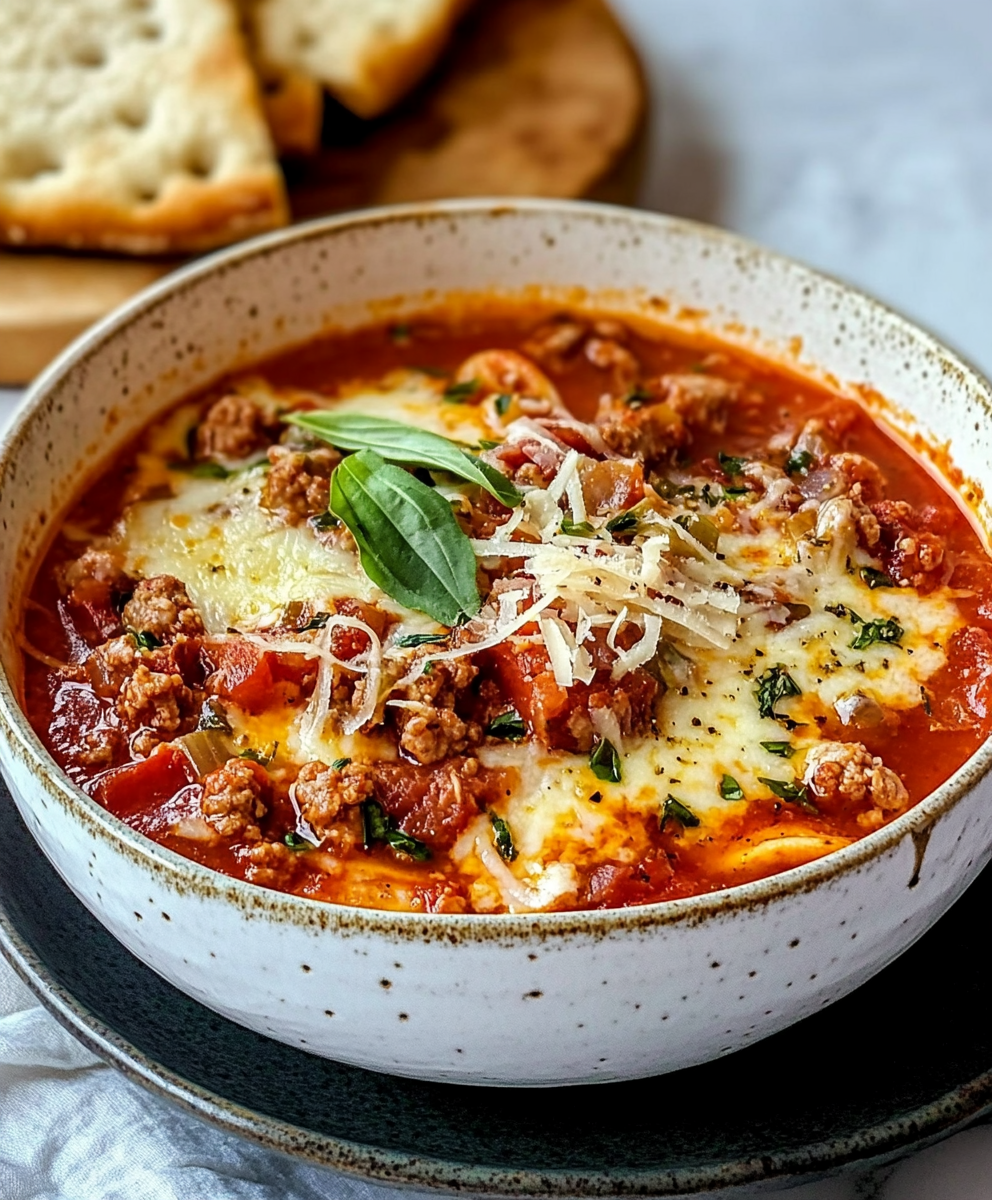 Pizza­sup­pe mit Hack­fleisch – Einfach lecker genießen!