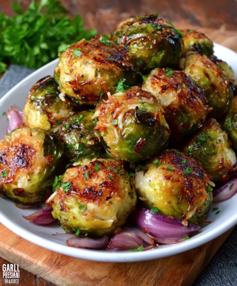 Super schnelle, einfache & überbackene Knoblauch Rosenkohlbällchen, die jeder liebt!