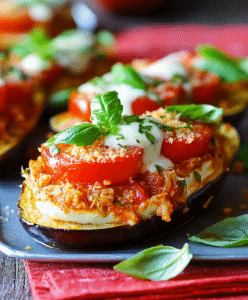 Überbackene Low Carb Auberginen Caprese Schiffchen