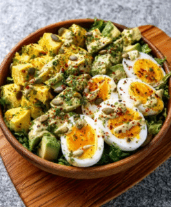 Avocado-Ei-Salat mit Hanfsamen und Kürbiskern-Dressing