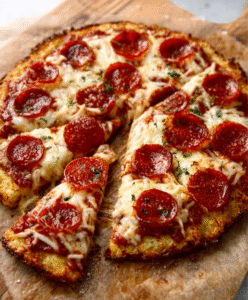 Blumenkohl-Pizza mit Peperoni und Gouda