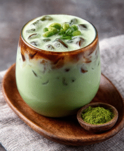 Eisgekühlter Matcha-Latte mit Kokos-Collagen-Schaum