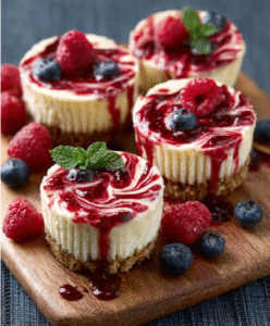 Gefrorene Käsekuchen-Bällchen mit Beerensauce