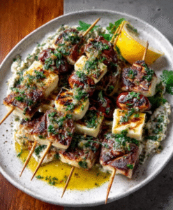 Gegrillte Halloumi-Spieße mit Zitronen-Oliven-Dip