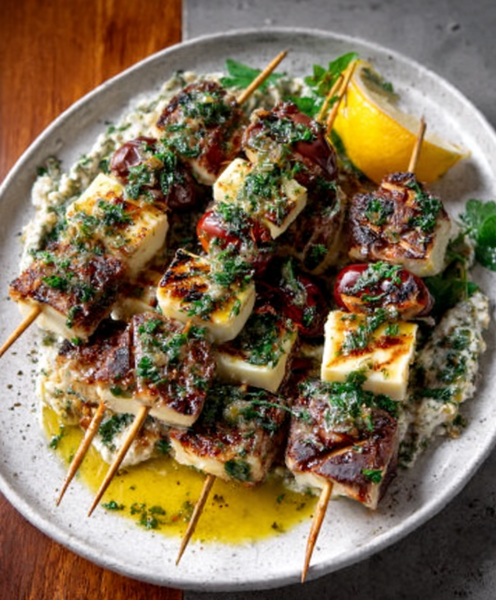 Gegrillte Halloumi-Spieße Mit Zitronen-Oliven-Dip: So Gelingt's! Gegrillte Halloumi-Spieße Mit Zitronen-Oliven-Dip: So Gelingt's!