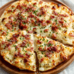 Keto-Flammkuchen mit Mandelmehl, Speck und Bergkäse