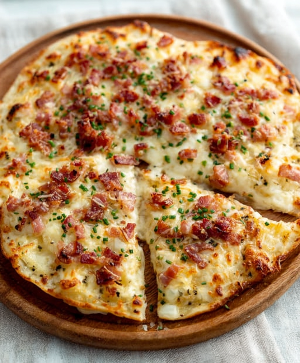 Keto-Flammkuchen mit Mandelmehl, Speck und Bergkäse: Einfach lecker!