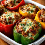 Keto Paprika gefüllt mit Bratwurst-Hack & Senf-Dip