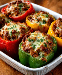 Keto Paprika gefüllt mit Bratwurst-Hack & Senf-Dip