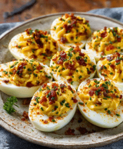 Keto-Senf-Eier mit Speckwürfeln