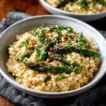 Keto-Spargelrisotto mit Parmesan und Pinienkernen