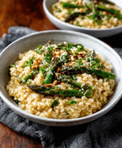 Keto-Spargelrisotto mit Parmesan und Pinienkernen
