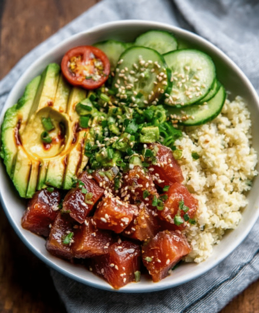 Keto Thunfisch-Poke-Bowl mit Blumenkohlreis: So einfach gelingt's! 4 Current image: Keto Thunfisch-Poke-Bowl mit Blumenkohlreis