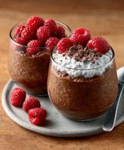 Kokos-Chia-Pudding mit Himbeeren und Kakaonibs