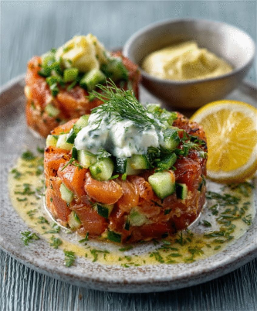 Lachs-Tatar mit Gurke & Zitronen-Dill-Sahne: Ein Genuss! 4 Current image: Lachs-Tatar mit Gurke & Zitronen-Dill-Sahne