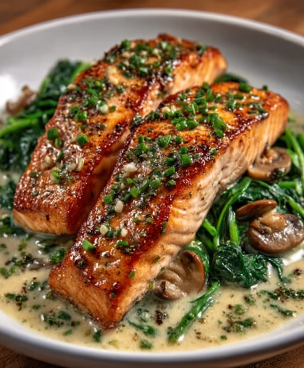 Lachs in Butter-Knoblauch-Sauce mit Spinat – unwiderstehlich lecker!