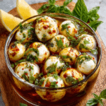 Mozzarella-Kugeln in Basilikum-Eistee