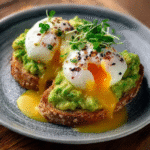Avocado-Eier-Benedict mit Mandelbrötchen