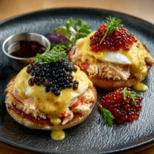 Crab Eggs Benedict mit Kaviar (Keto-Hollandaise)