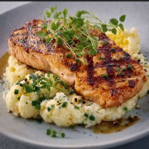 Gegrillter Lachs auf Blumenkohl-Püree mit Zitronenbutter