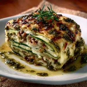 Kalte Keto-Lasagne mit Zucchinischeiben & frischem Pesto