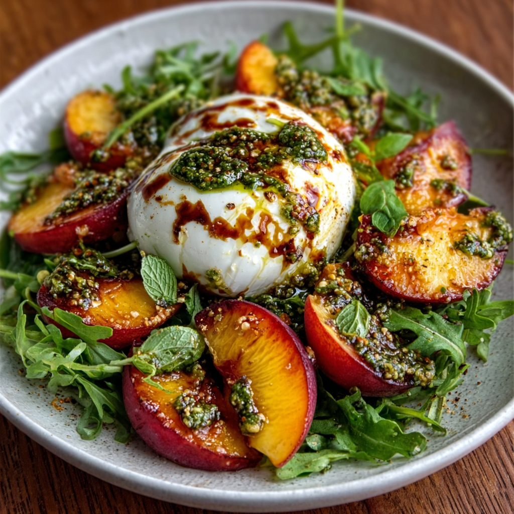 Keto-Salat mit Burrata, gegrillten Nektarinen & Basilikumpesto – Schnell und köstlich!