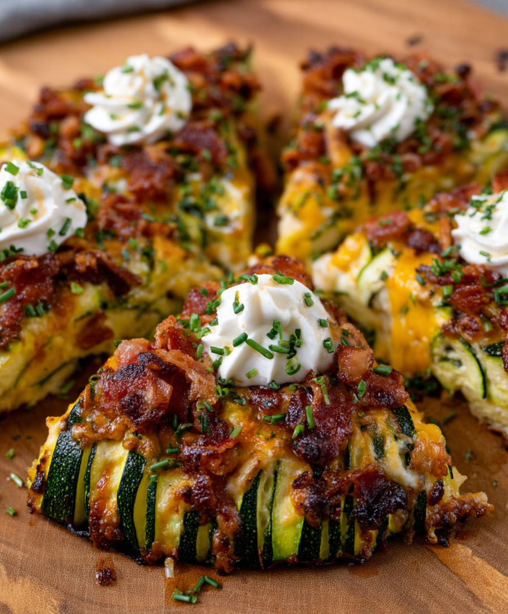 Keto Zucchini Flammkuchen mit Sauerrahm und Speck genießen!