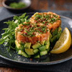 Lachs-Tatar with Avocado on Cucumber Rounds