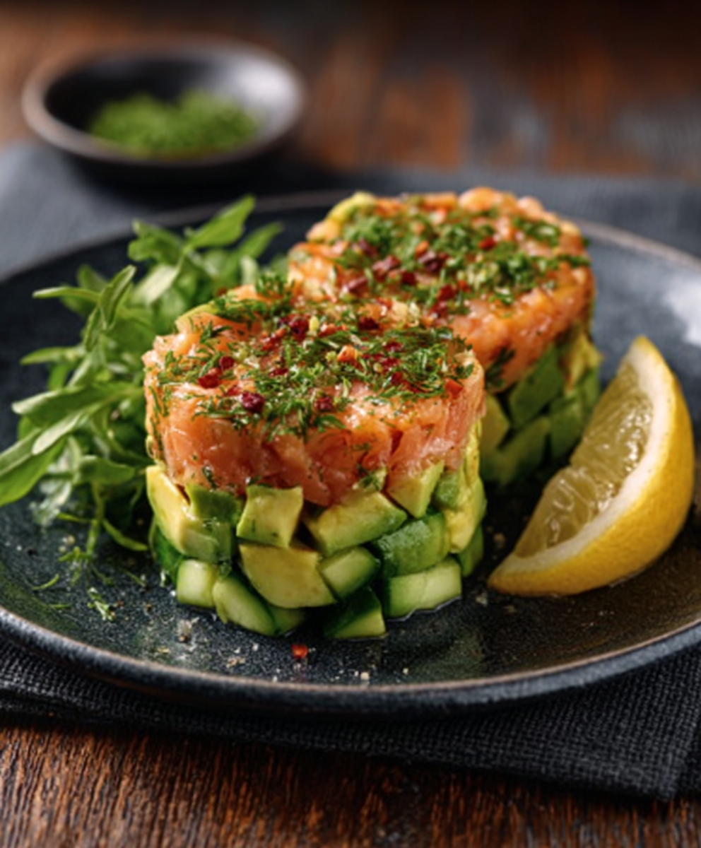 Lachs-Tatar mit Avocado auf Gurkenrunden genießen!
