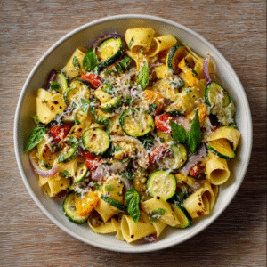 Sommerlicher Zucchini-Nudel-Salat mit Pesto und Mozzarella