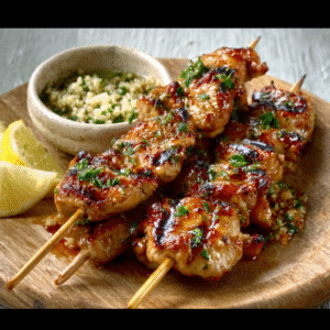 Zitronen-Kräuter-Hähnchenspieße mit Keto-Taboulé (ohne Bulgur)
